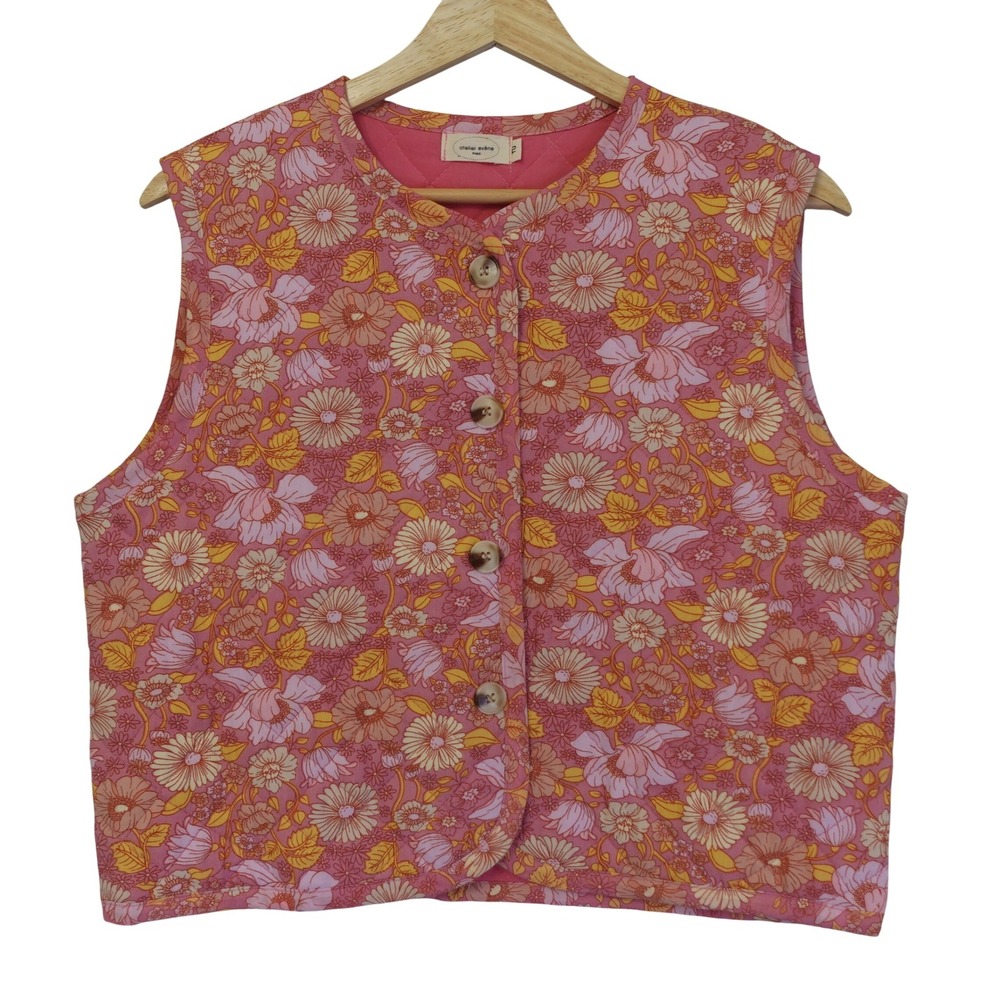 Atelier Paris Vest Pink Floral‎ Quilted Button Up Sleeveless Jacket Cottage Boho